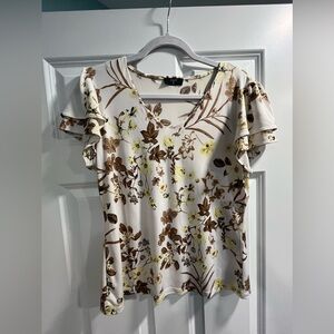 Tahari Floral Ruffle Sleeve Blouse - Cream and Brown